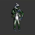Game Movie Character In Green Outfit With Helmet Patched Pants And Blue Gloves 3D Render