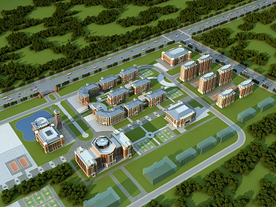 Aerial View Of Modern School Campus Buildings With Green Lawns And Trees 3d model