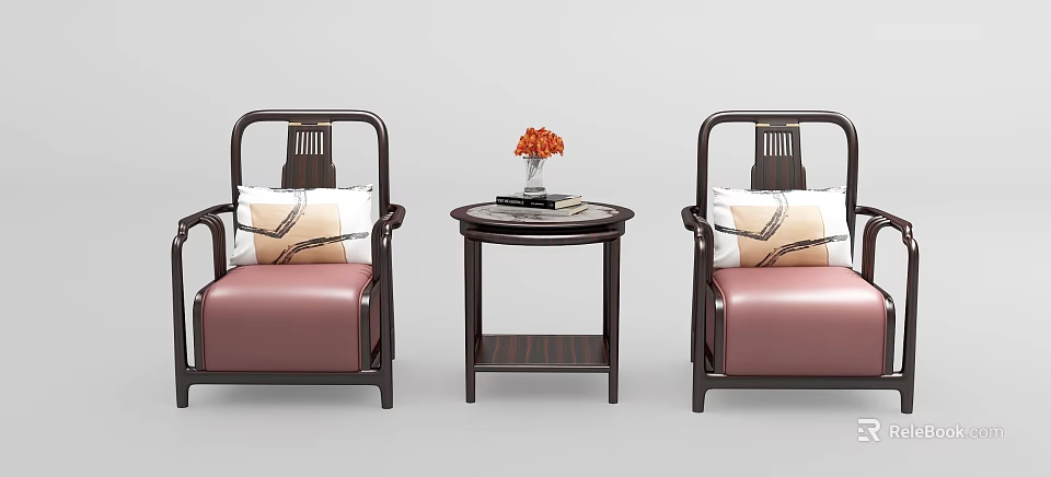 Leisure Sofa Set with Two Chairs Pink Cushions Black Frames Round Side Table Flower Vase 3d model