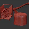 Wooden Logs In Metal Basket Alongside Tree Stump And Axe With Wooden Handle