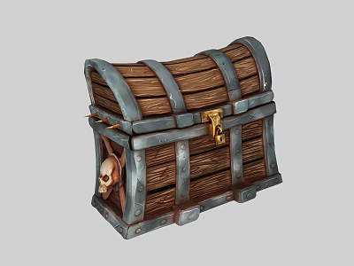 Vintage Wooden Chest With Metal Bands Skull Decoration And Lock 3d model