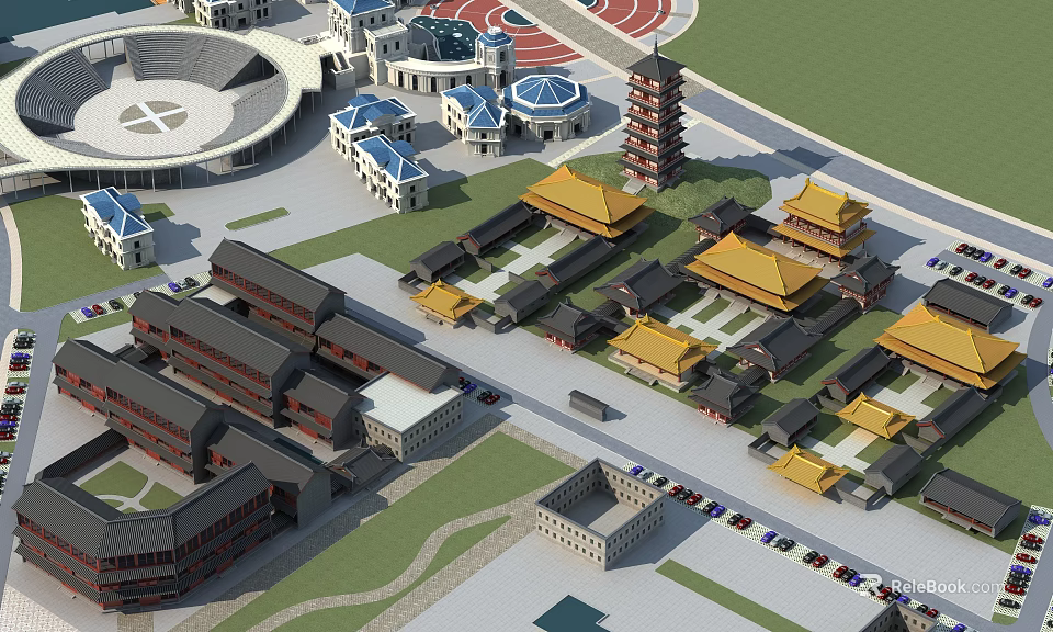 Historic Ancient Architecture With Traditional Yellow Roofs And Courtyard Layout 3d model 