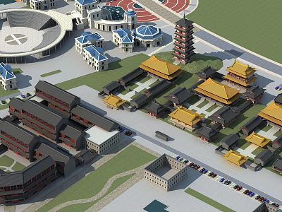 Historic Ancient Architecture With Traditional Yellow Roofs And Courtyard Layout 3d model