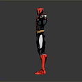 Superhero Character In Red Black Costume With Muscular Build And Extended Arms