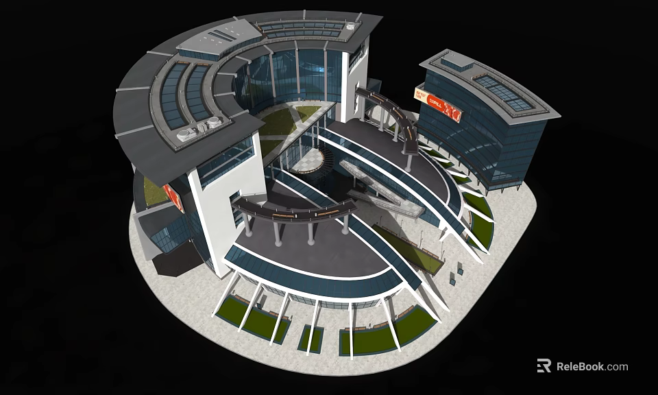 Modern Curved Office Building Design Featuring Glass Curtain Walls Spiral Walkway And Green Areas 3d model 
