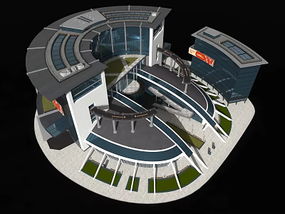 Modern Curved Office Building Design Featuring Glass Curtain Walls Spiral Walkway And Green Areas 3d model
