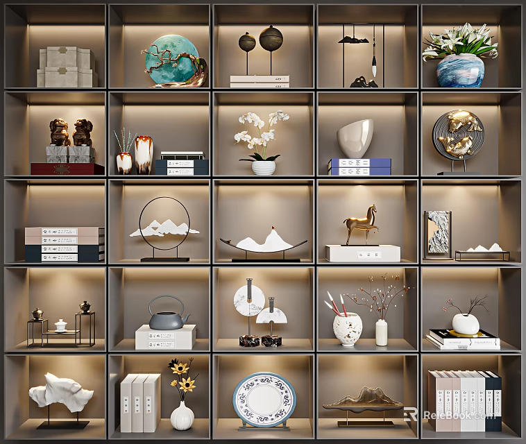 Elegant Modern Decorative Ornament Combination On Shelves With Ceramic Plates Sculptures Vases And Books 3d model 