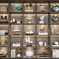 Elegant Modern Decorative Ornament Combination On Shelves With Ceramic Plates Sculptures Vases And Books