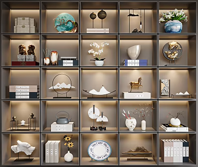Elegant Modern Decorative Ornament Combination On Shelves With Ceramic Plates Sculptures Vases And Books 3d model