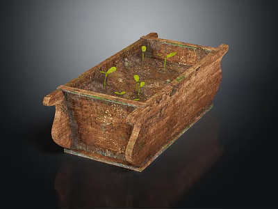 Rustic Wooden Planter With Young Green Seedlings And Natural Textured Surface 3d model