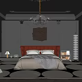 Elegant Dark Bedroom Interior With Ornate Moldings Chandelier Brown Leather Headboard Circular Rug Spiral Floor Lamp