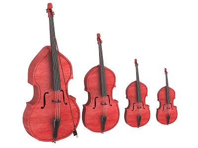 Red Painted String Instruments Collection With Different Sizes And Wooden Texture 3d model