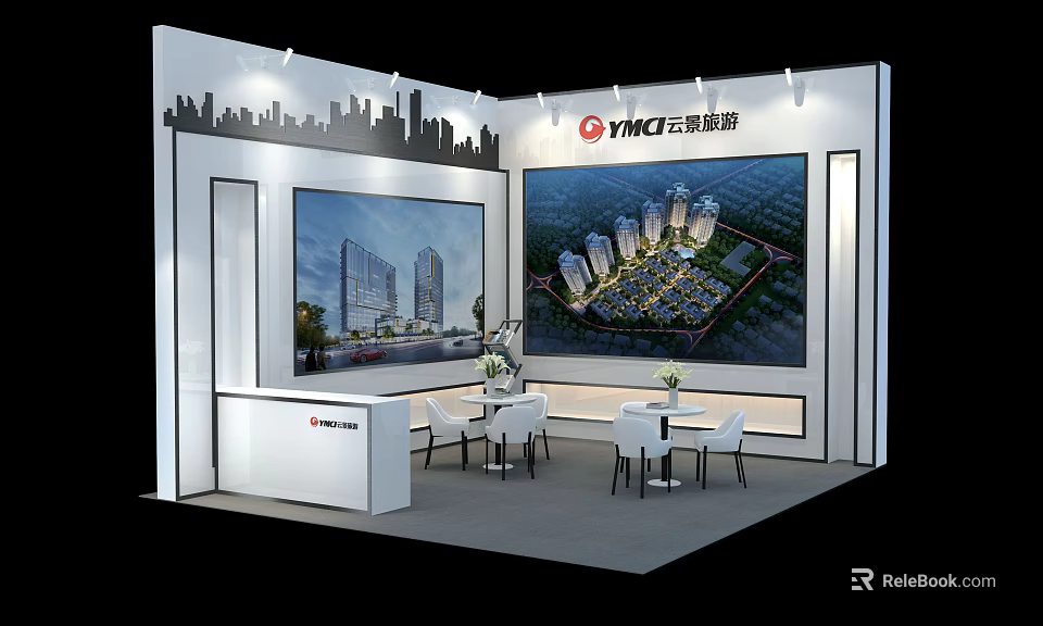YIMO Exhibition Booth With Large Screens Displaying Building Projects And Seating Area 3d model 