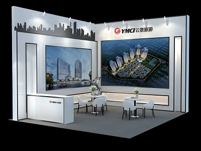 YIMO Exhibition Booth With Large Screens Displaying Building Projects And Seating Area 3d model