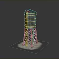 Tall Metal Water Tower With Ladder And Support Legs On Reflective Base