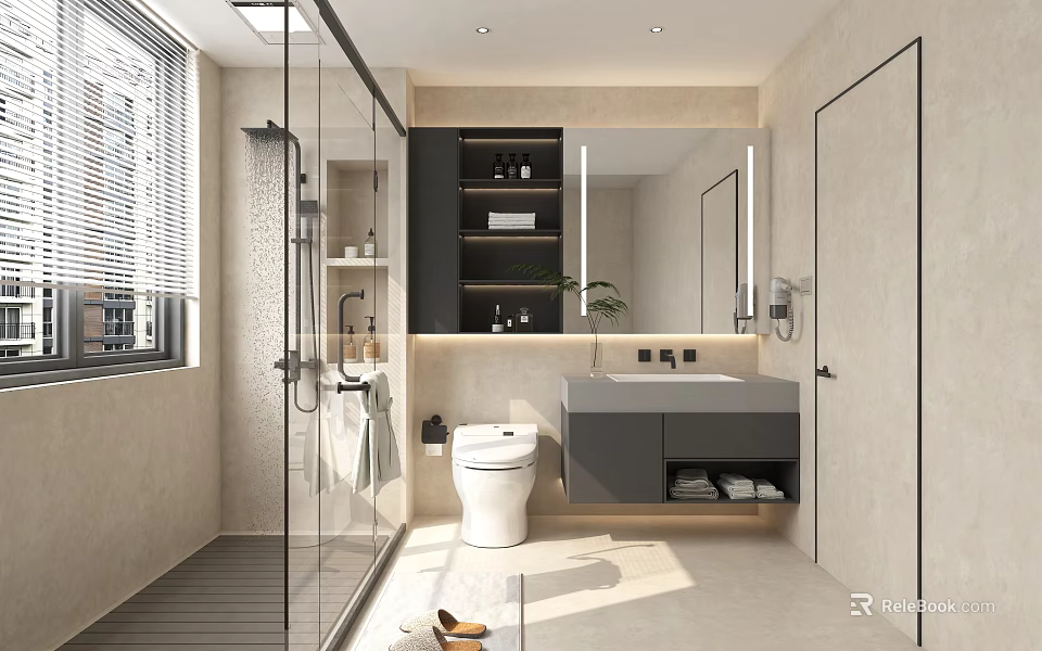Modern Bathroom Interior With Glass Shower Toilet Floating Sink And Mirrored Cabinets 3d model 