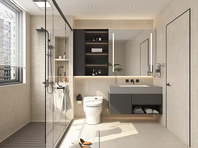 Modern Bathroom Interior With Glass Shower Toilet Floating Sink And Mirrored Cabinets 3d model