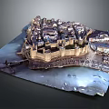 Ancient Castle Model Showcasing Detailed Stone Walls Surrounding Buildings And Waterfront