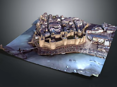Ancient Castle Model Showcasing Detailed Stone Walls Surrounding Buildings And Waterfront 3d model