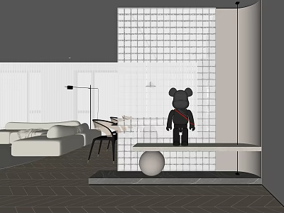 Modern Entryway Hallway With Grid Patterned Wall Black Decorative Figurine And White Spherical Ornament 3d model