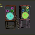 Pair of Red Wooden Audio Speakers With Black Stands And Front Panels