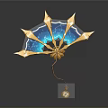 Decorative Fan with Golden Frames Blue Surface Lightning Patterns Yellow Center And Tassel
