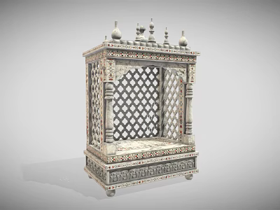 Traditional Home Temple Cabinet With Spire Top And Intricate Carved Panels 3d model