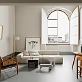 Modern Living Room Interior With Beige Sofa Wooden Chairs And Arched Window City View
