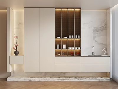 Modern Minimalist Sideboard With Wooden Cabinets Open Shelves And Marble Top 3d model