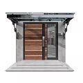 Modern Wooden Entrance Door Featuring Glass Panels Stone Steps And Concrete Frame With Glass Canopy