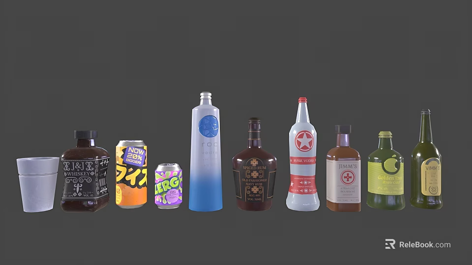 Assorted Beverages In Colorful Bottles And Cans With Diverse Label Designs 3d model 