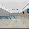 Clean Modern Hospital Waiting Area Featuring Blue Seats Emergency Sign Wall TVs And Ceiling Lights