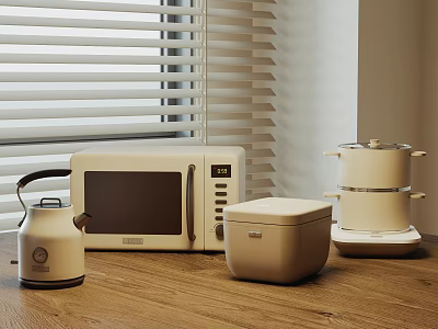 Kitchen Appliances Including Microwave Kettle Rice Cooker And Steamer On Wooden Countertop With Blinds 3d model