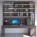 Modern Home Office Bookshelf With Multiple Shelves Books Decorative Items And Computer Desk