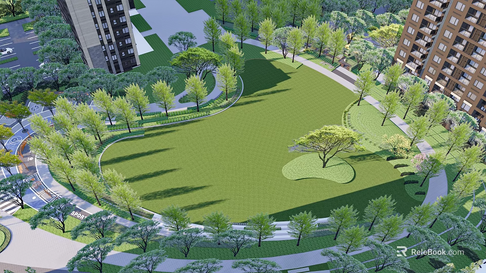 Residential Landscape Featuring Large Green Lawn Lush Trees Curved Walkways And Surrounding Buildings 3d model 