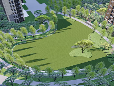 Residential Landscape Featuring Large Green Lawn Lush Trees Curved Walkways And Surrounding Buildings 3d model