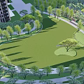 Residential Landscape Featuring Large Green Lawn Lush Trees Curved Walkways And Surrounding Buildings