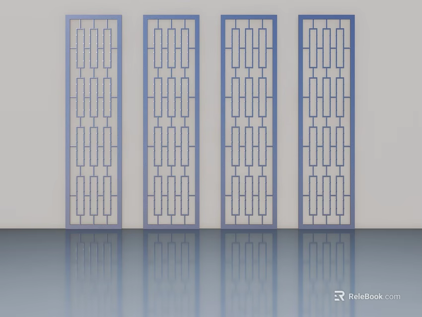 Modern Swing Doors With Geometric Patterns And Blue Frames White Panels 3d model