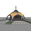 Domed Architectural Structure With Golden Roof Cross Steps And Green Lawn