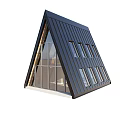 Modern Detached House With Triangular Black Metal Roof Large Glass Windows And Wooden Interior