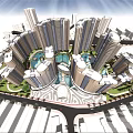 Modern Urban High Rise Complex With Central Water Feature And Surrounding Roads