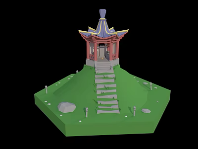 Cartoon Scenery With Colorful Pagoda Stone Steps Green Grassy Hill And Lanterns 3d model