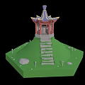 Cartoon Scenery With Colorful Pagoda Stone Steps Green Grassy Hill And Lanterns