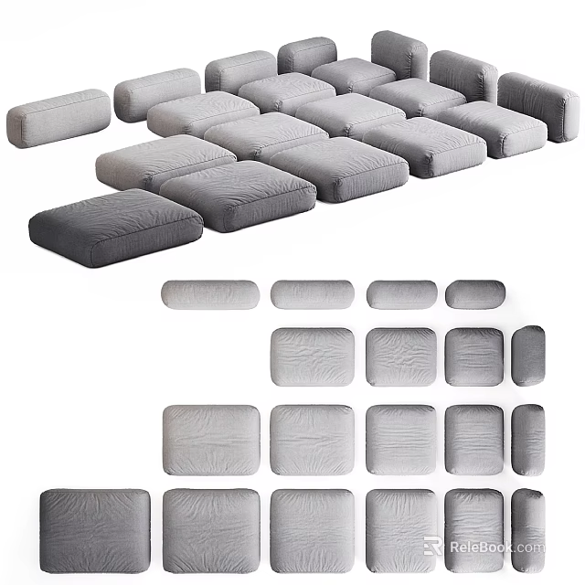 Modern Gray Sofa Ottomans With Various Sizes And Soft Cushion Designs 3d model