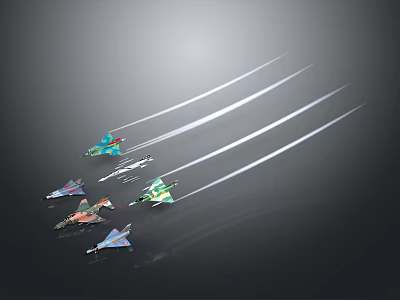 Multiple Colorful Aerospace Spacecraft Flying With White Trails In Outer Space 3d model