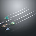 Multiple Colorful Aerospace Spacecraft Flying With White Trails In Outer Space