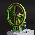 Industrial Equipment Featuring Large Green Red Wheel And Ladder On White Brick Base