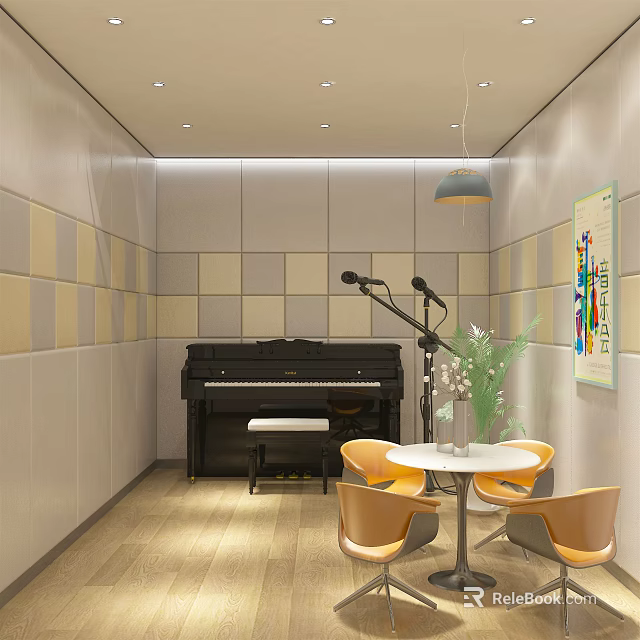Piano Room Interior With Acoustic Panels Piano And Seating Area 3d model 