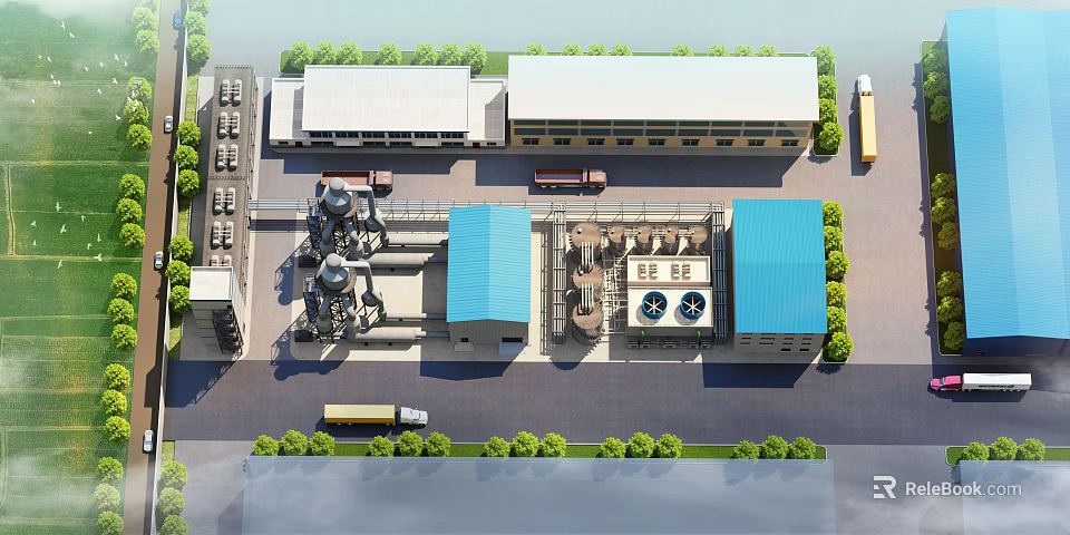 Industrial Factory Plant Featuring Multiple Buildings Blue Roofs Trucks And Surrounding Greenery 3d model 
