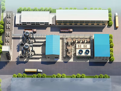 Industrial Factory Plant Featuring Multiple Buildings Blue Roofs Trucks And Surrounding Greenery 3d model